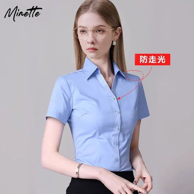 minette蓝色v领衬衫女装短袖正装工作服职业衬衣通勤气质长袖上衣