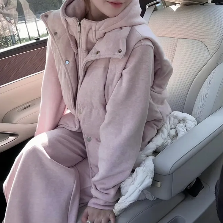 韩版套装女冬季新款洋气显瘦加绒加厚无袖马甲卫衣阔腿裤三件套装