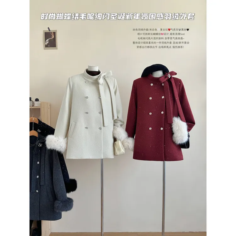 冬季新款时尚蝴蝶结毛呢细闪混织外套圣诞新年氛围感毛呢外套