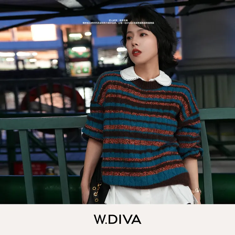 W.Diva【复古拼色】山羊绒白厂丝桑蚕丝横条套头毛衫女54Z222502