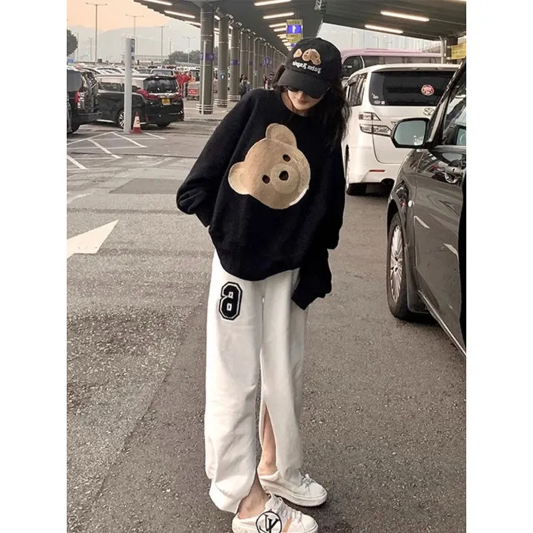 无帽黑色圆领卫衣女2025秋冬韩版宽松慵懒风高级感小熊刺绣学生