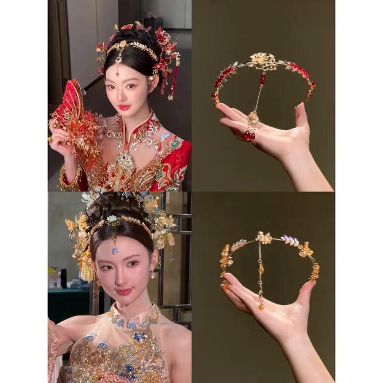 T7204金红色新中式新娘额链发箍婚礼百搭造型头饰