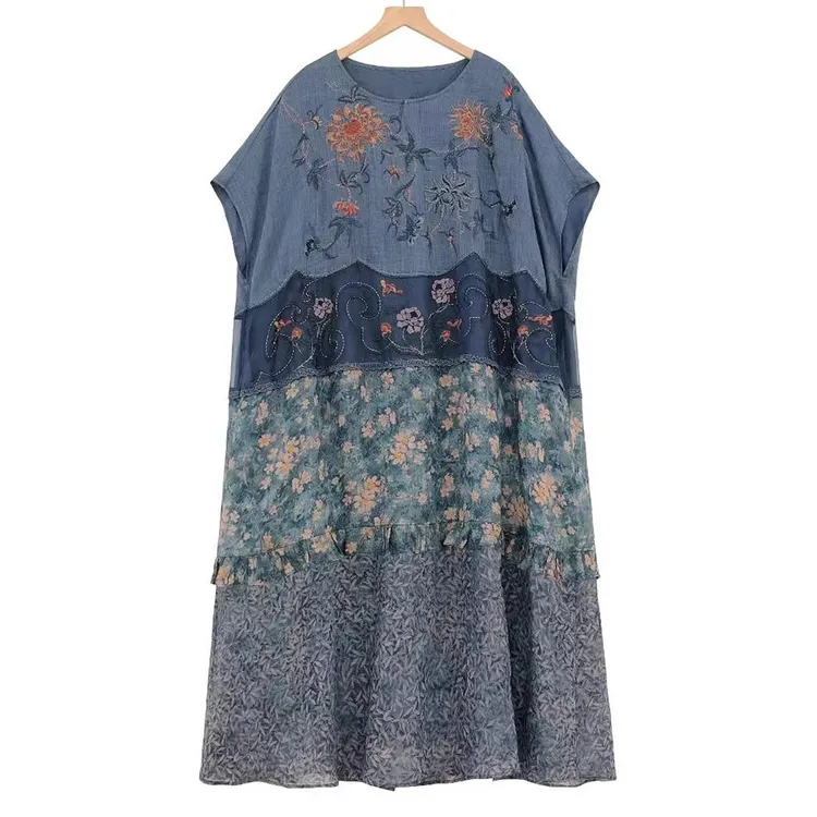 设计师原创刺绣文艺清新碎花拼接民族风苎麻宽松短袖连衣裙袍子夏