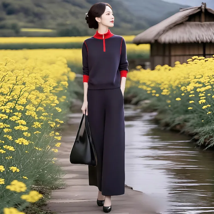 2026春秋新款设计感撞色拼接立领上衣女气质松紧腰直筒休闲裤套装