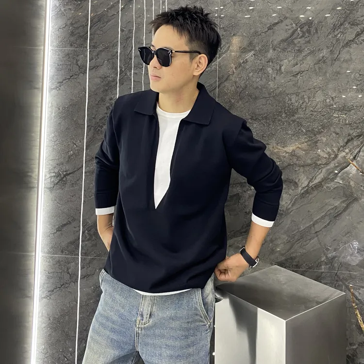 秋冬假两件撞色翻领V领修身针织衫毛衣痞帅高级感老钱风长袖上衣