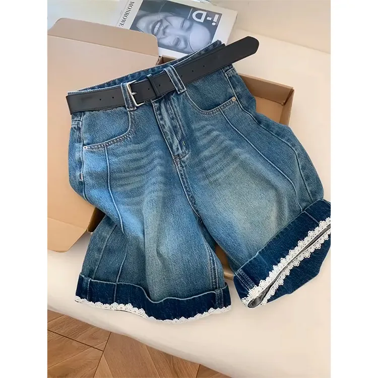 复古卷边五分牛仔短裤女夏季2025新款小个子高腰宽松5分阔腿中裤