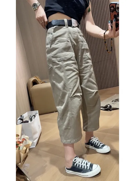 2025秋季新款八分牛仔弯刀裤女显瘦洋气哈伦裤大码遮肉工装老爹裤