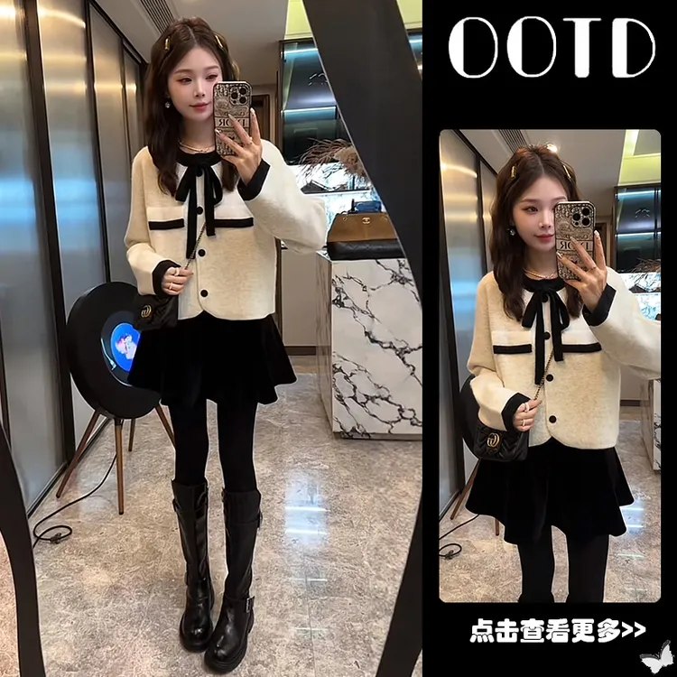 【现货】冬季穿搭一整套女2025新款圆领蝴蝶结针织开衫短裙两件套