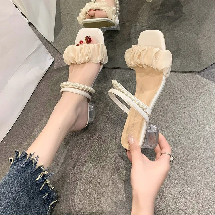 夏季新款时尚百搭可两穿珍珠法式优雅仙感中跟粗跟外穿凉拖适合夏