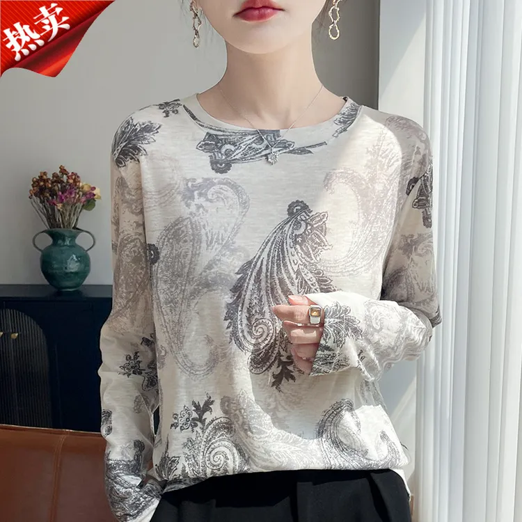 2025新款品牌老钱风腰果花针织衫上衣t恤水墨扎染圆领打底衫秋
