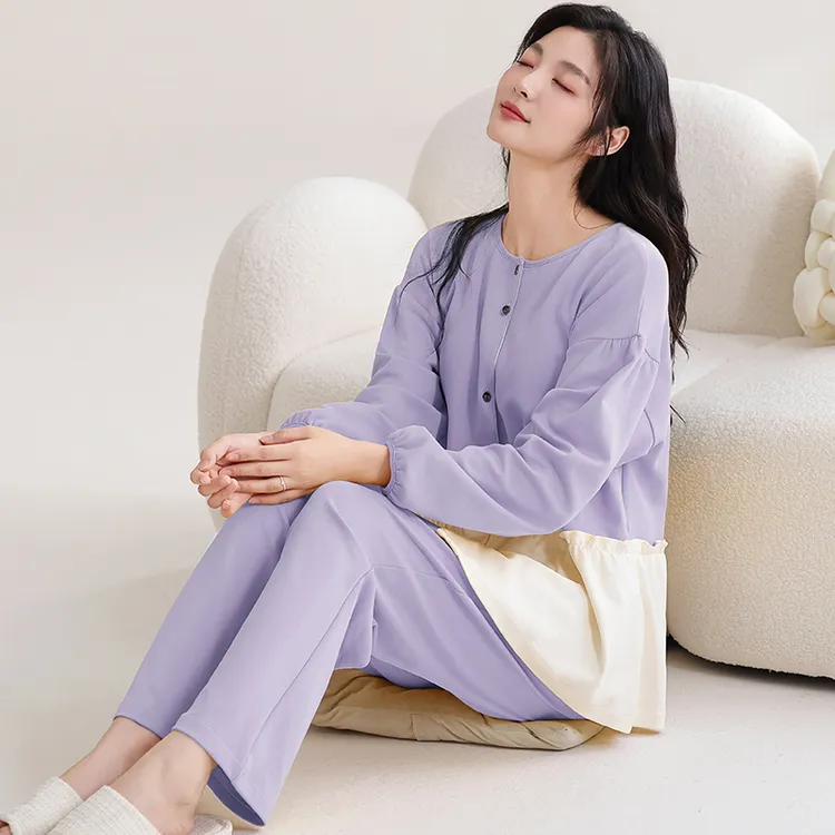 浪莎纯棉睡衣女春秋长袖圆领开衫韩式家居服可外穿宽松纯色两件套