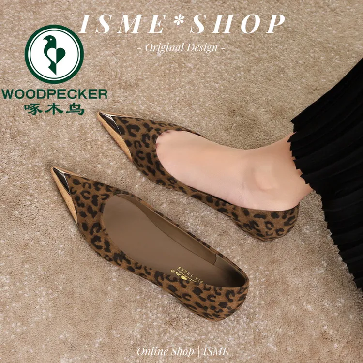 啄木鸟金属头尖头浅口单鞋女2025秋季新款豹纹气质平底内增高瓢鞋