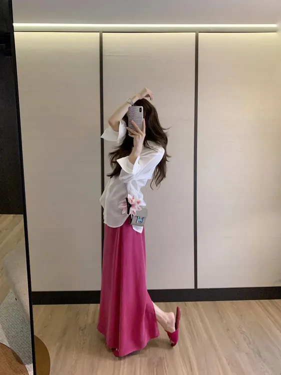 2025夏季新款韩系简约气质百搭白衬衫高腰气质玫粉色半身裙两件套