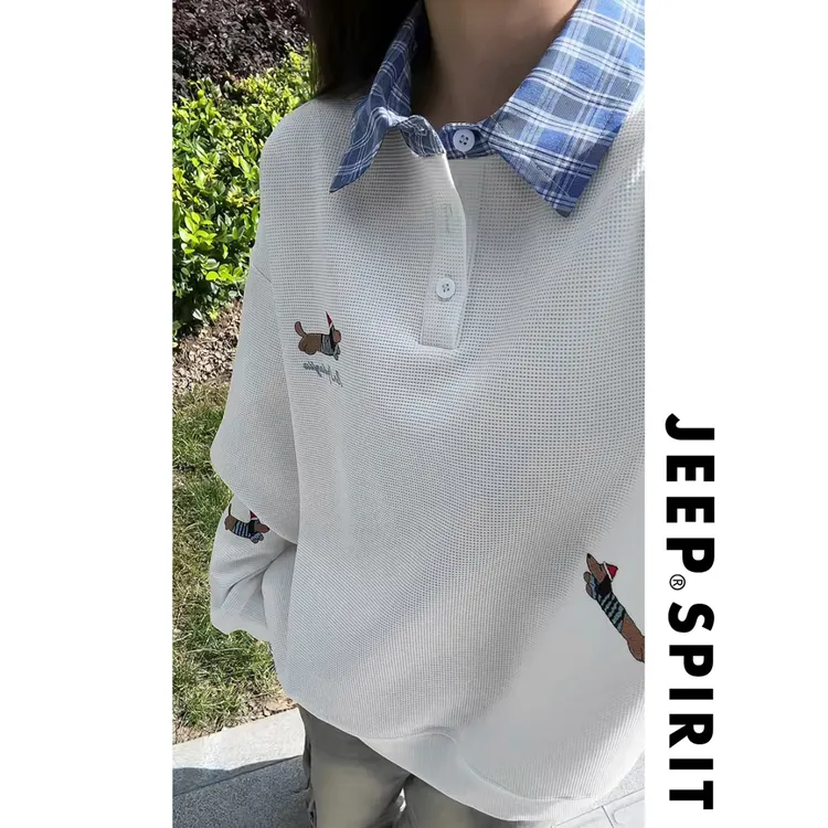 【高品质】JEEP吉普假两件Polo领男春秋无帽卫衣百搭刺绣狗港风上衣