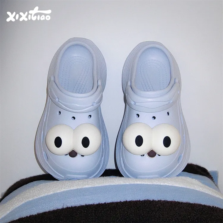 细细条 趣味厚底增高夏季女士防滑ins沙滩凉拖鞋可爱大眼睛洞洞鞋