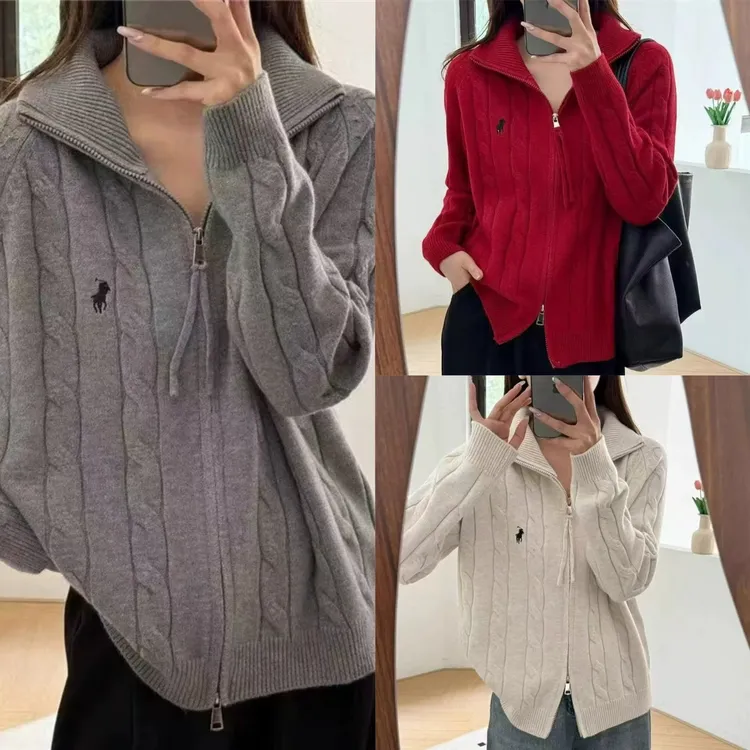新款慵懒风拉链翻领软糯麻花毛衣开衫女秋冬季小个子针织外套上衣