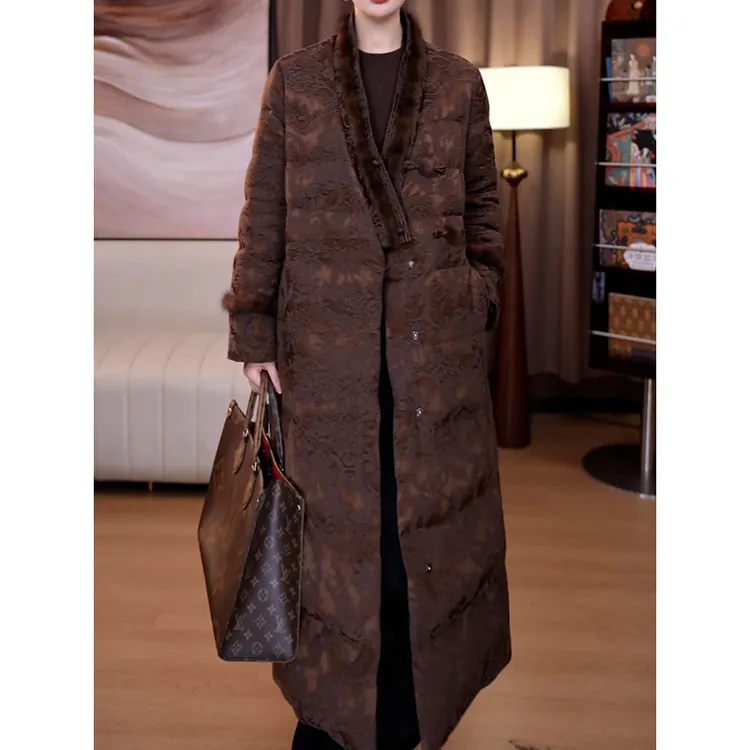 轻奢贵夫人印花V领加厚棉服2025冬季新款高级感长款显瘦百搭外套