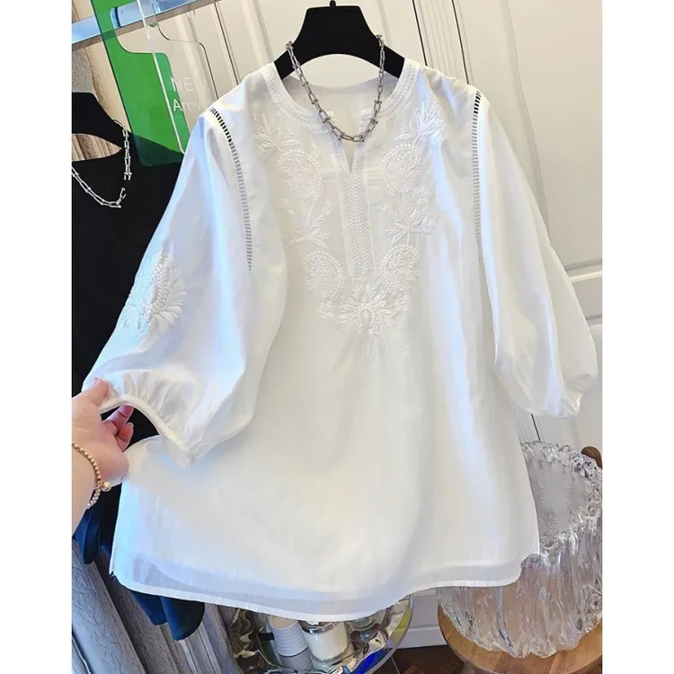 轻奢风重工法式刺绣泡泡袖百搭衬衫洋气夏装时尚宽松遮肚子上衣女
