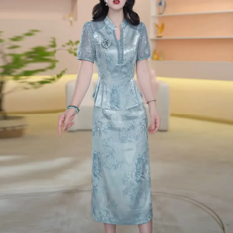 轻奢高级感短袖两件套连衣裙女2025年夏季新款妈妈精致半身裙套装