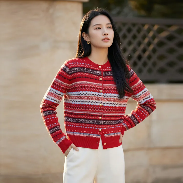EP雅莹秋冬新款 民族风提花混纺丝羊毛羊绒针织开衫9121A