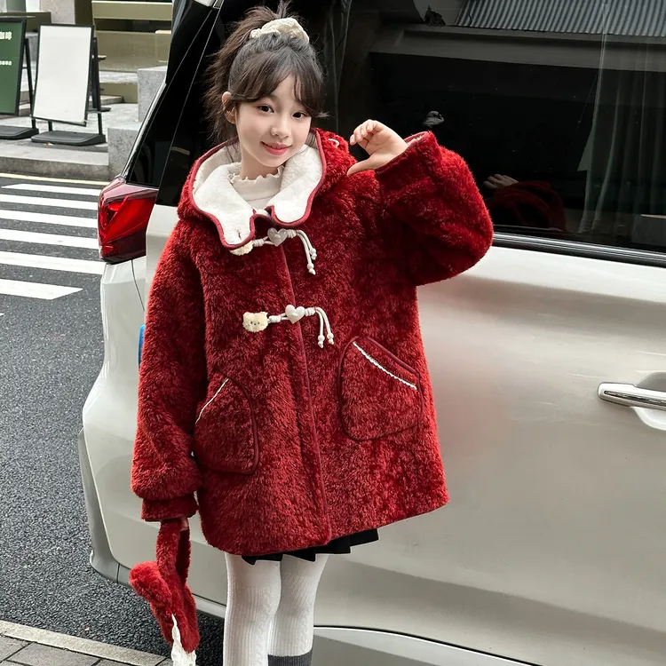 女童加绒外套2026新款大童新年冬装红色加厚呢子大衣拜年服冬季