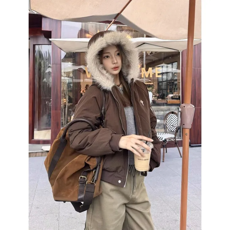 美式复古宽松美拉德毛领连帽棉服女秋冬加厚短款cleanfit外套