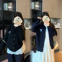 大码女装秋冬胖mm藏蓝色miu系小香风针织衫上衣学院短款毛衣外套