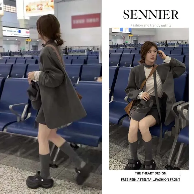秋季一整套女装2025新款韩版气质宽松西装外套显瘦短裙两件套装
