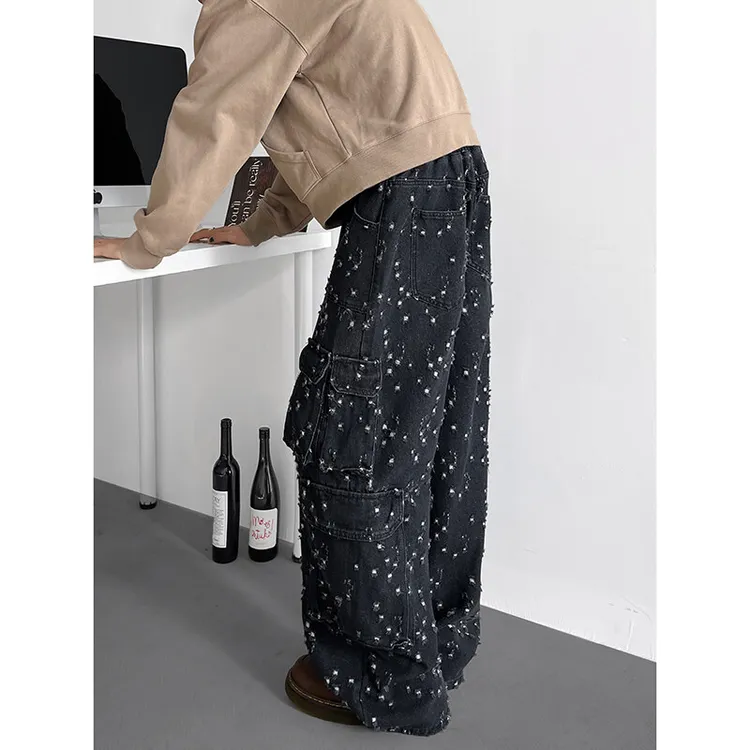 磨毛破洞工装水洗做旧牛仔裤男春秋美式高街vibe潮牌宽松直筒裤子