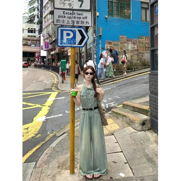 2025新款港风复古做旧水洗连体裤牛仔裤女夏季露肩显瘦阔腿裤长裤