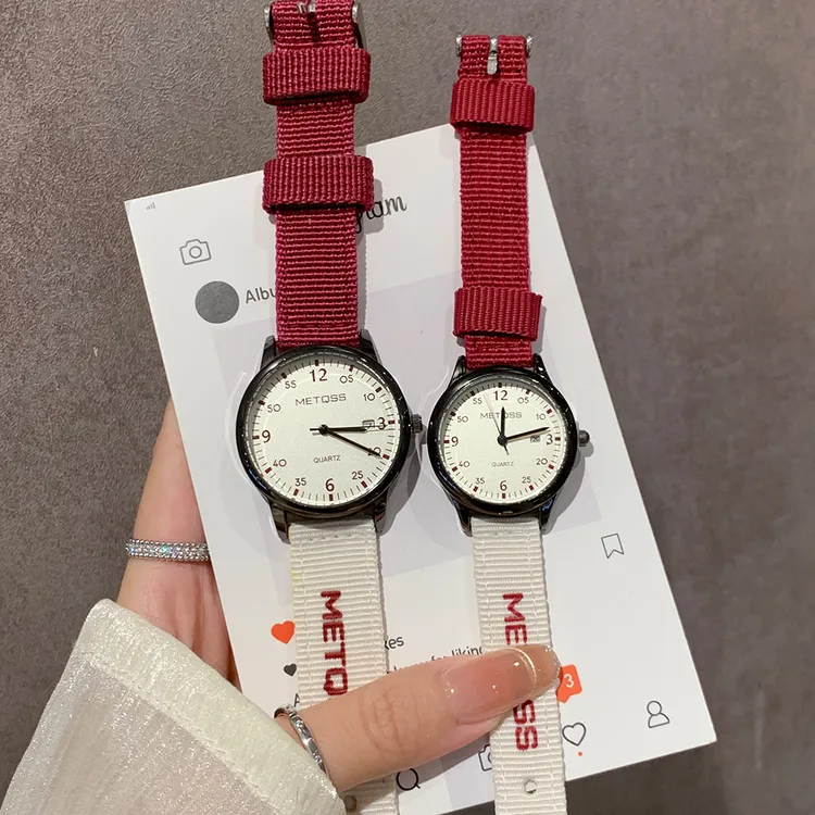 手表男女新款时尚潮流百搭初高中学生高颜值帆布带情侣日历石英表