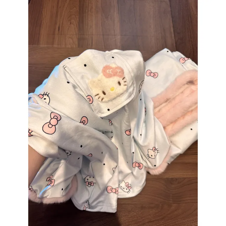 甜美可爱kitty毛绒德绒睡衣女春秋新款加厚保暖套装家居服可外穿