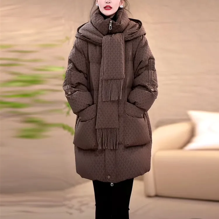 时尚围巾领连帽加厚羽绒服女2025冬季新款宽松气质减龄白鸭绒外套