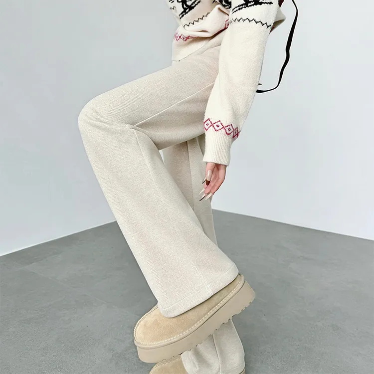 米杏色人字纹阔腿裤女秋冬垂感高级感休闲加绒窄版直筒羊毛毛呢裤