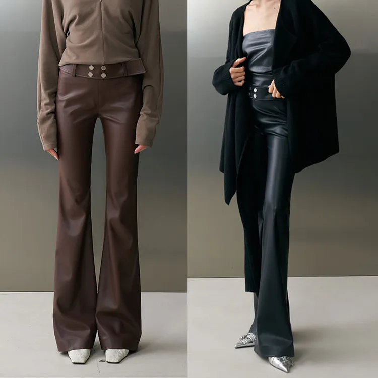 美式高街PU皮微喇裤女冬季新款气质酷飒风高腰显瘦垂感拖地裤