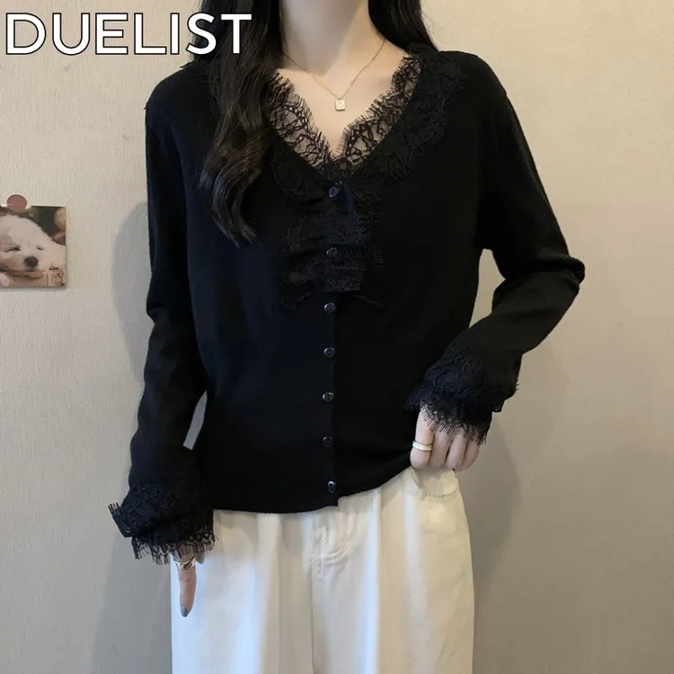DUELIST大码女装遮肚子纯欲风长袖打底衫女春春胖洋气针织蕾丝衫