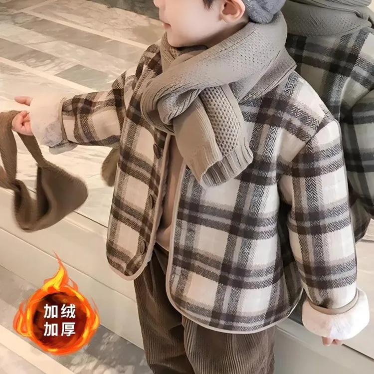 一件过冬儿童毛呢格子加绒外套毛内胆秋冬男女童休闲百搭加厚棉衣