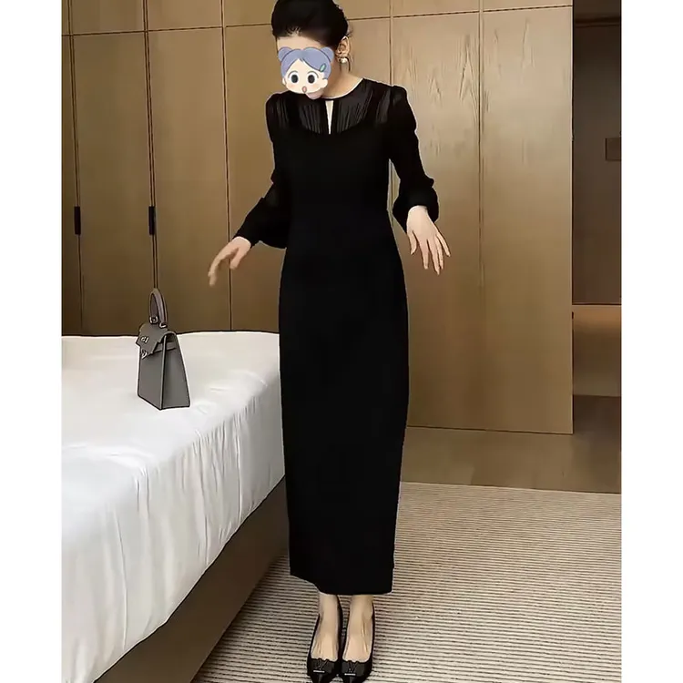 法式气质名媛高级感长袖收腰显瘦黑色裙子高冷御姐风连衣裙女春秋