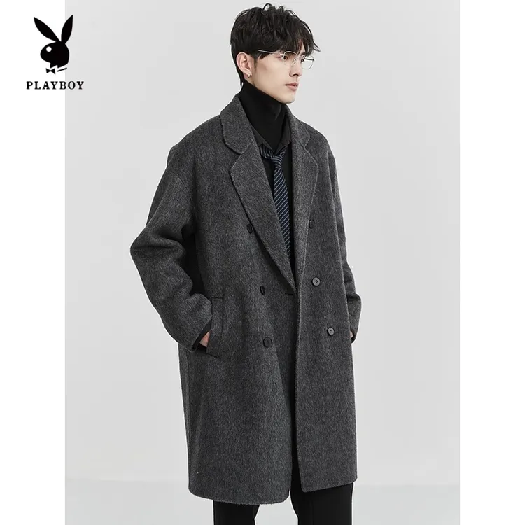 花花公子双面羊毛呢大衣男士秋季款韩版高级感加厚呢子中长款外套