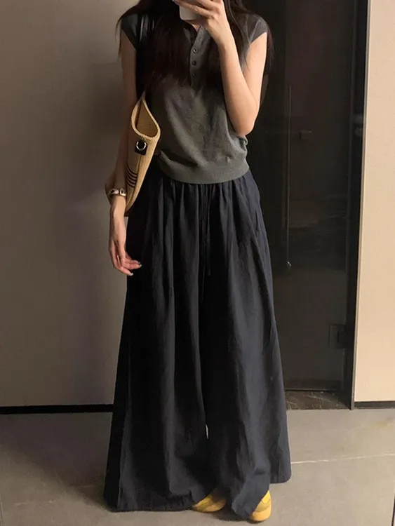 藏青色冰丝阔腿裤子女夏季薄款大码胖mm遮肉显瘦休闲直筒拖地长裤