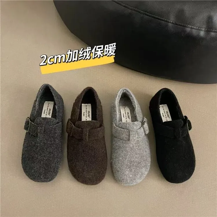 森系复古加绒毛呢勃肯鞋女2025秋冬新款软包软底单鞋乐福鞋豆豆鞋