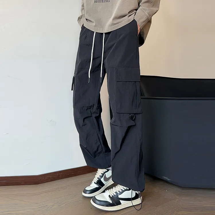 爆款阔腿裤识易K男裤子男士秋季黑色宽松长裤潮牌秋工装裤模图