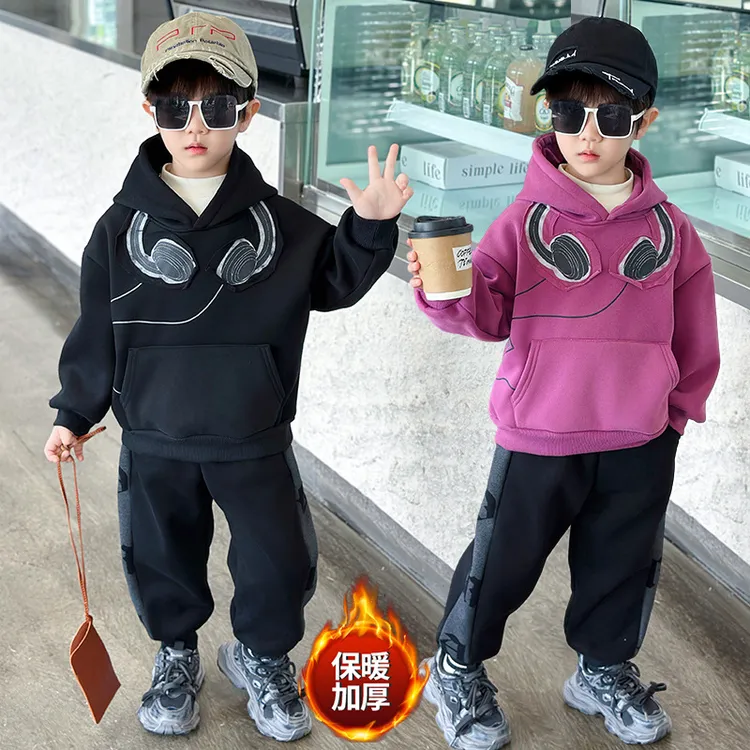棉70%男童加绒卫衣套装2025新款高领儿童奥特曼衣服冬季宝宝秋冬