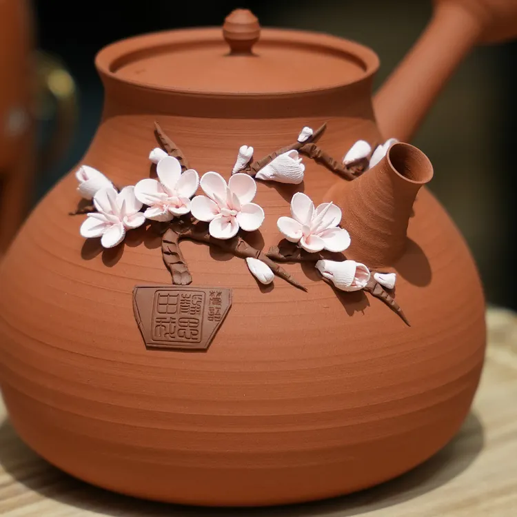 陶瓷壶梅花侧把壶纯手工砂铫红泥小火高端煮茶壶