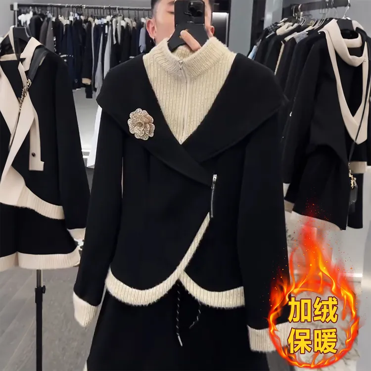 假两件立体花朵加绒保暖卫衣女士冬季新款高级时尚超好看漂亮上衣