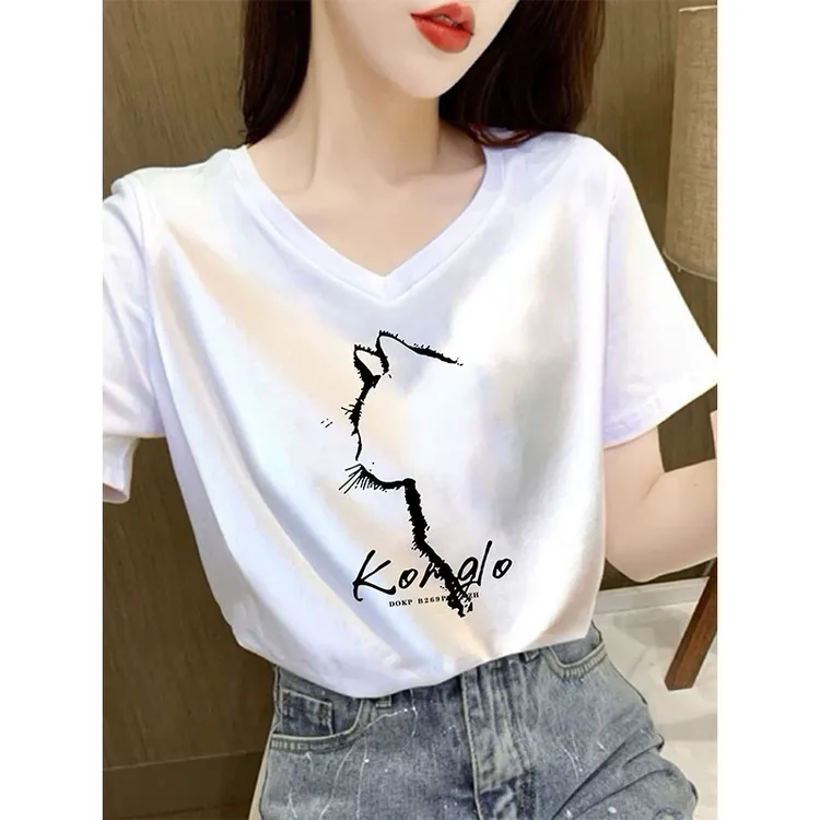 V领正肩女t恤短袖2025新款印花韩版时尚休闲经典百搭上衣夏季潮款
