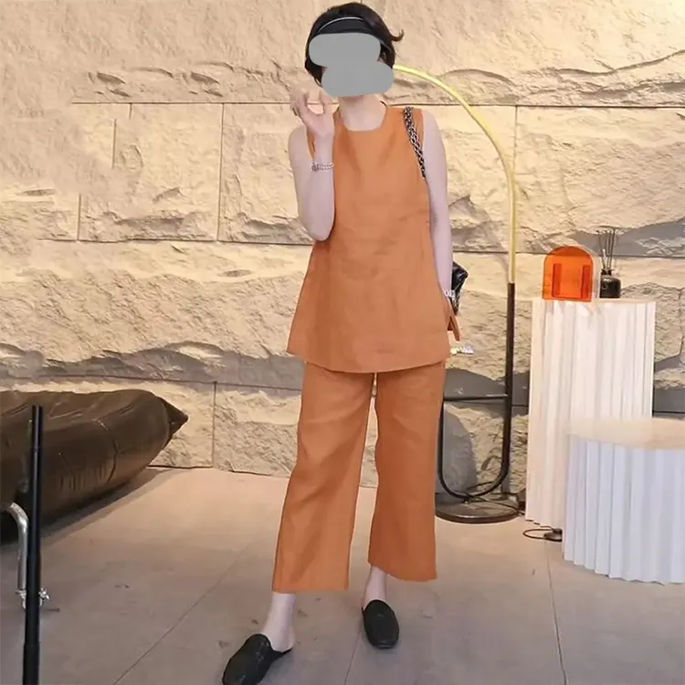 简约高级两件套女夏季新款气质无袖长款背心上衣阔腿裤两件套女