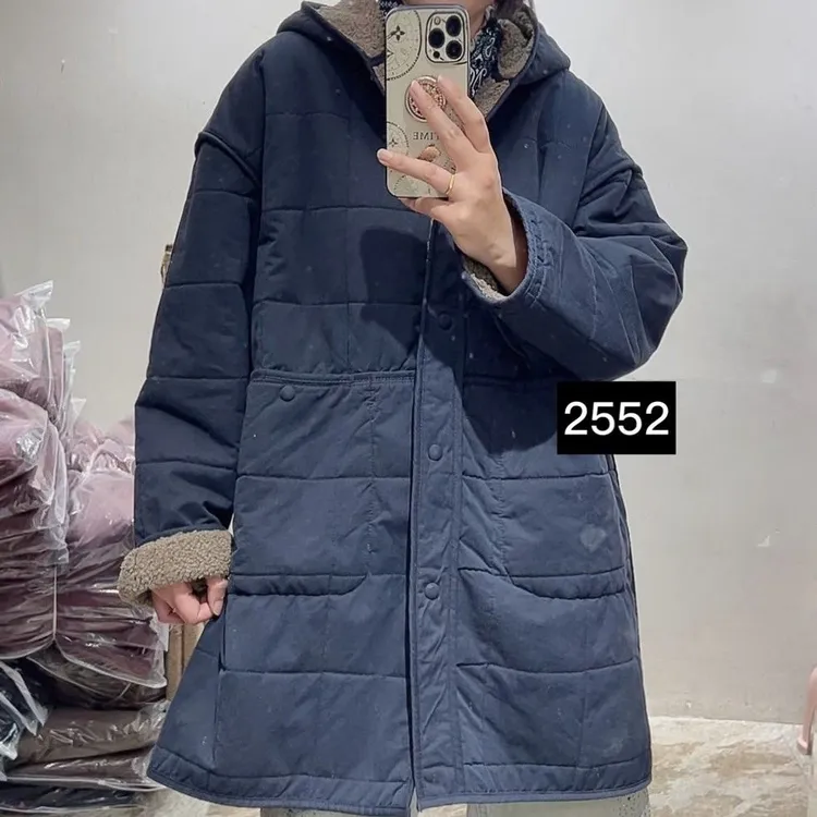 拼接泰迪绒秋冬新款宽松连帽压线中长款正舒适保暖棉衣外套