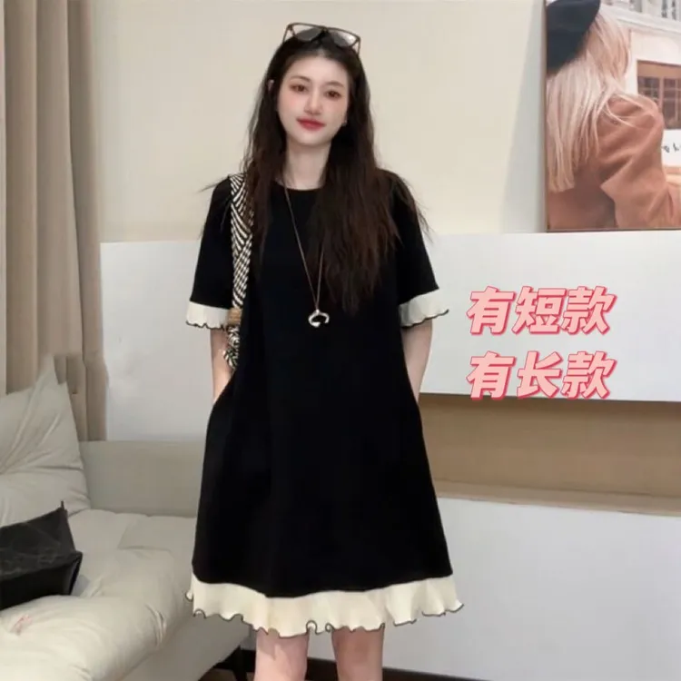 大码女装夏季法式高级感拼接连衣裙胖mm遮肉显瘦赫本风气质小黑裙