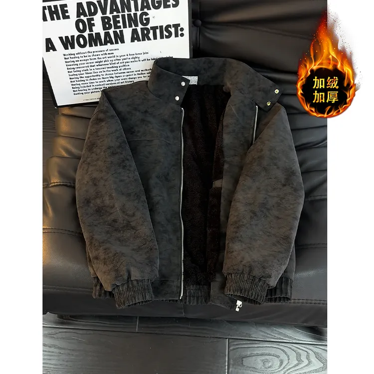 cleanfit黑色羊羔绒扎染解构工装棉服男冬季美式保暖正肩夹克外套